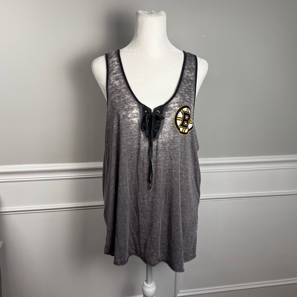 Sheer NHL‎ Boston Bruins Charcoal Velvet Lace-Up Tank Top (A1-38)